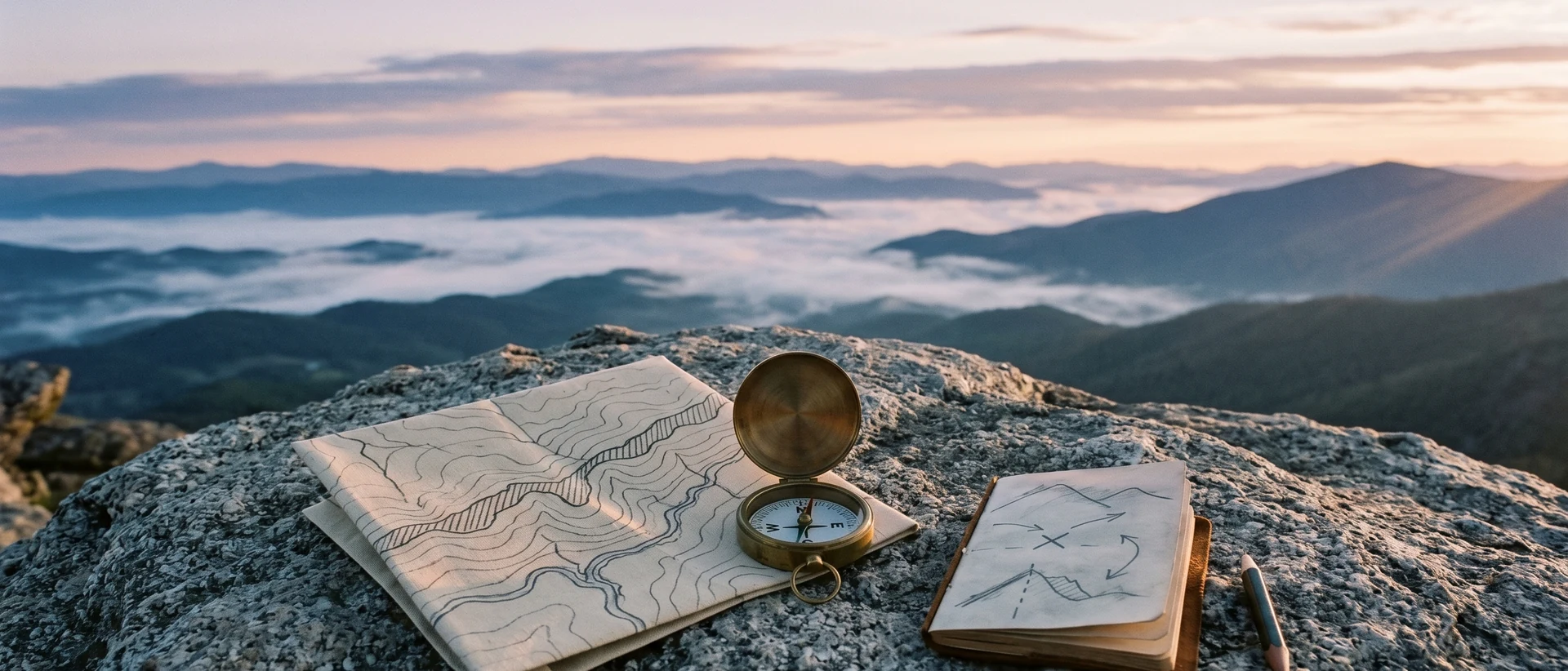 Mountain ridgeline at dawn: a topographical map, brass pocket compass, and open leather notebook with hand-drawn route sketches resting on a weathered granite boulder above a mist-filled valley